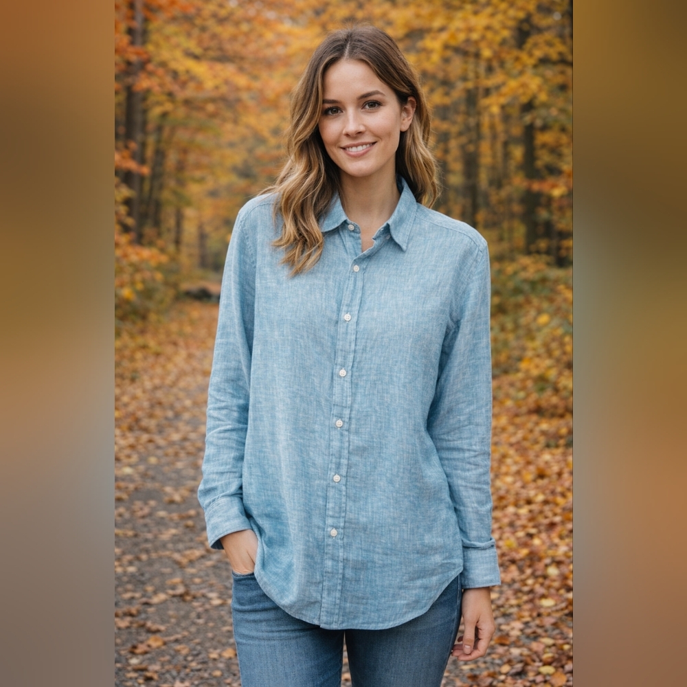 Frank & Eileen Light Blue Button Down Linen Fall Shirt Size S